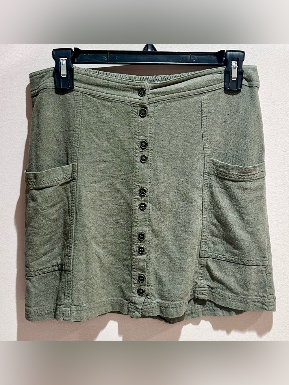Olive Green Linen Blend Button Front Mini Skirt Size S